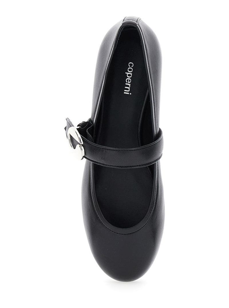 Black Ballerinas With Metallic Logo And Strap In Smooth Leather Woman