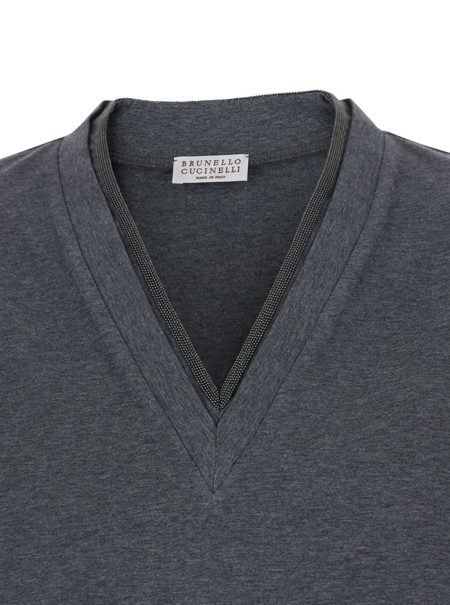Grey V-Neck T-Shirt With Monile Detail On The Front In Cotton Woman
