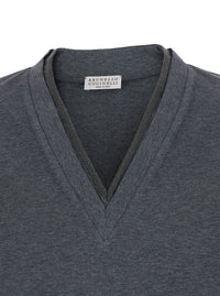 Grey V-Neck T-Shirt With Monile Detail On The Front In Cotton Woman