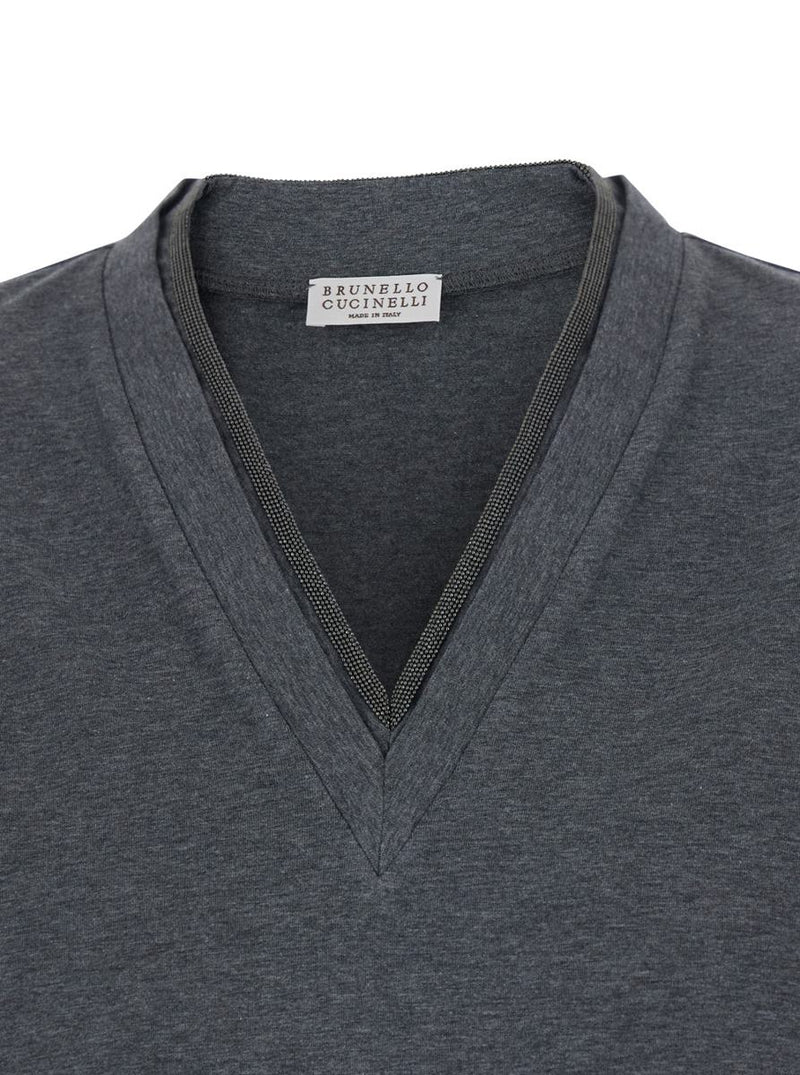 Grey V-Neck T-Shirt With Monile Detail On The Front In Cotton Woman