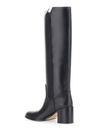 Black Knee-High Boots With Cut-Out On The Side And Logo Plaque In Leather Woman