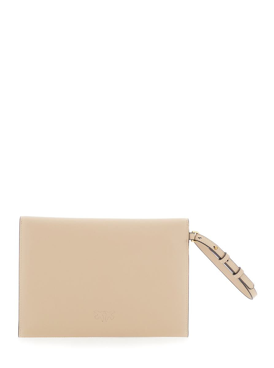 Beige Clutch Bag With Metal Plate And Love Birds Logo In Leather Woman