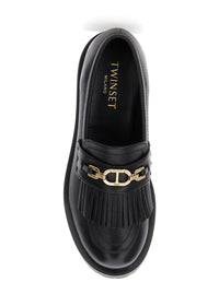 Black Loafers With Platform And Metallic Logo In Leather Woman