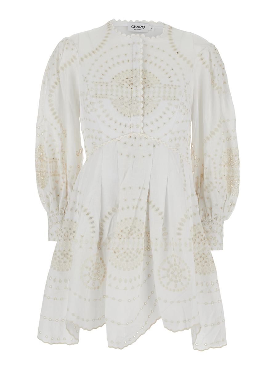 'Asahi' White Dress With All-Over Embroidery Design And Pleated Skirt In Cotton And Linen Blend Woman