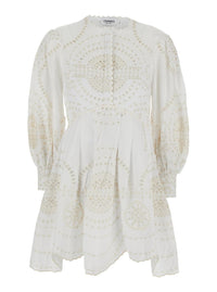 'Asahi' White Dress With All-Over Embroidery Design And Pleated Skirt In Cotton And Linen Blend Woman