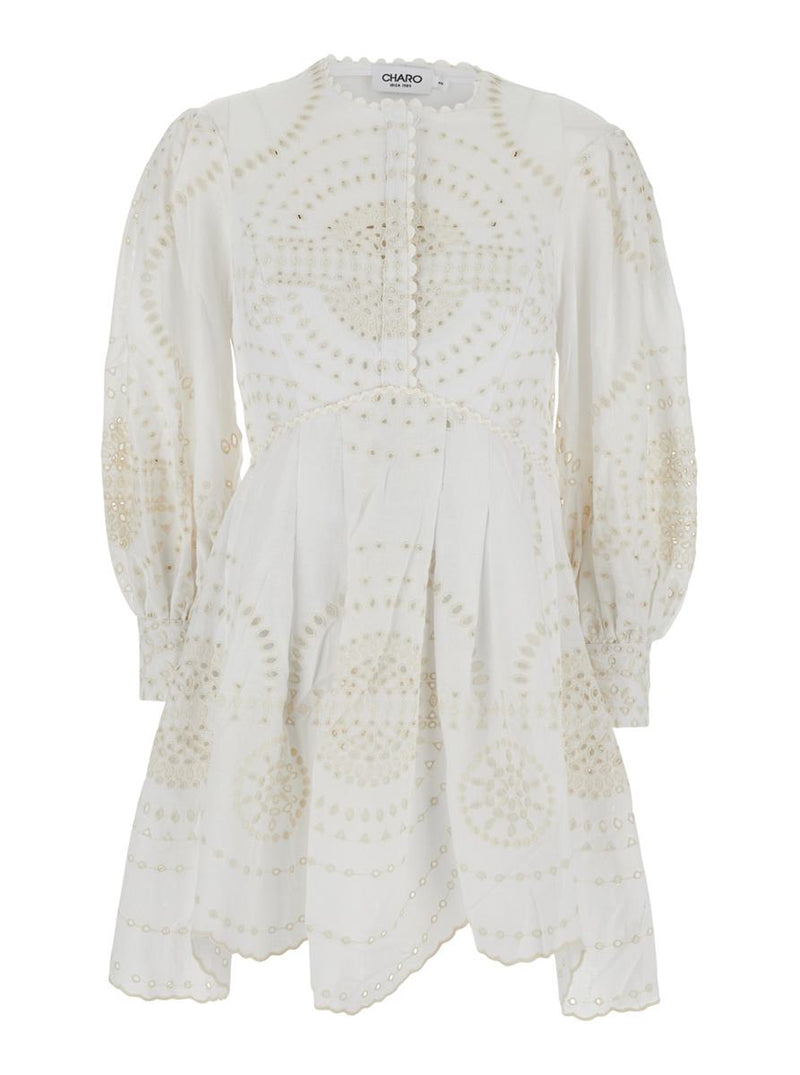 'Asahi' White Dress With All-Over Embroidery Design And Pleated Skirt In Cotton And Linen Blend Woman