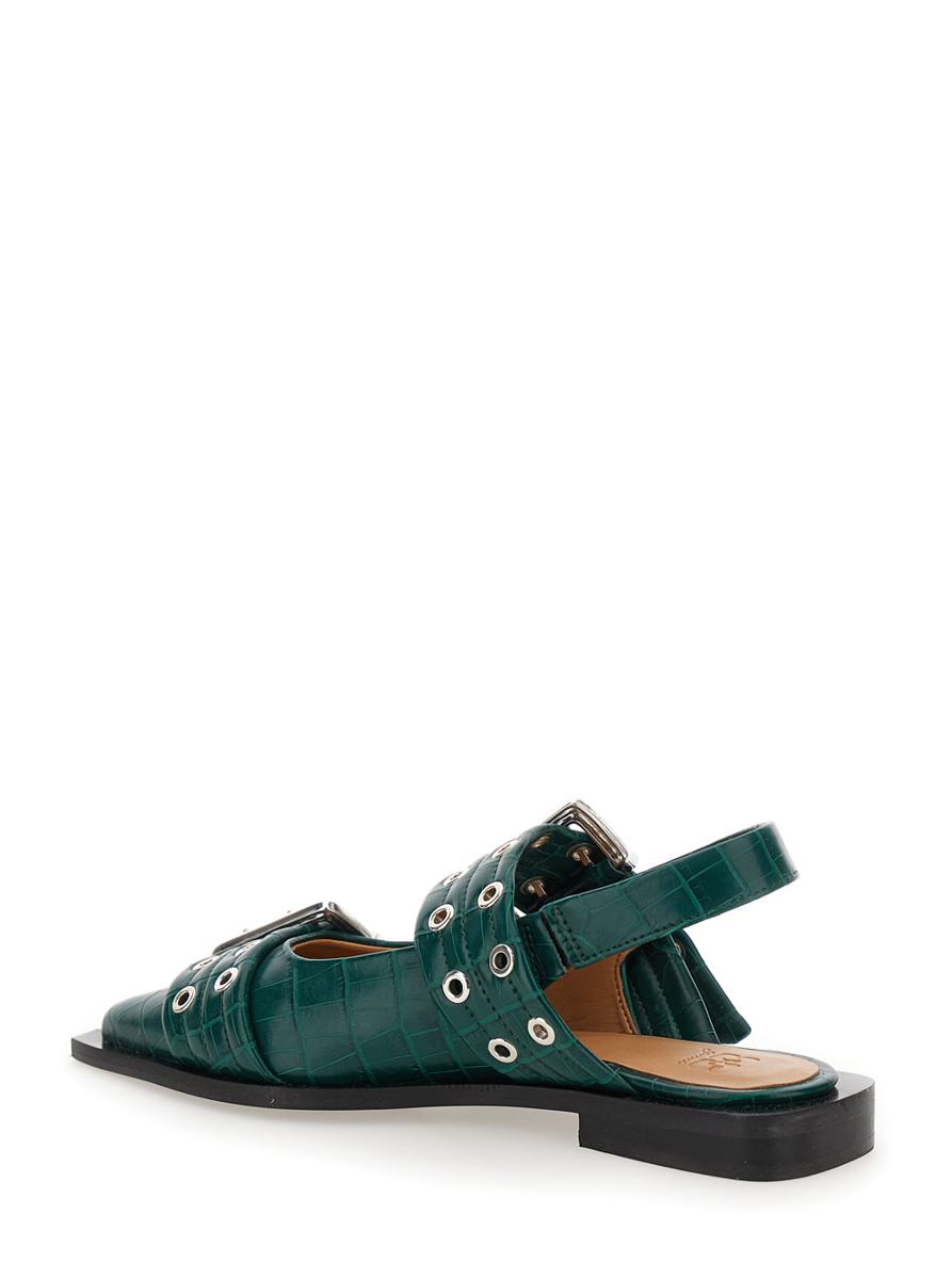 Green Ballet Shoes With Double Buckle And Pointed Design In Leather Woman