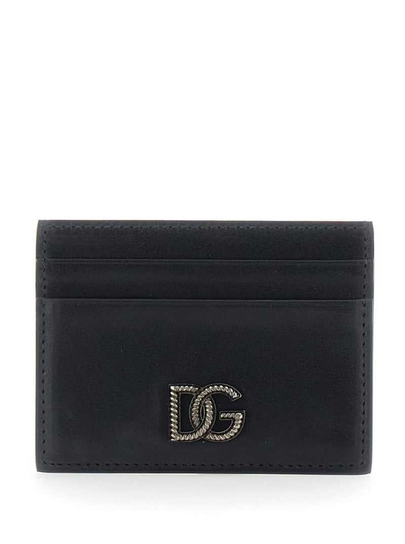 Black Card Holder With Logo Plaque On The Front In Leather Man