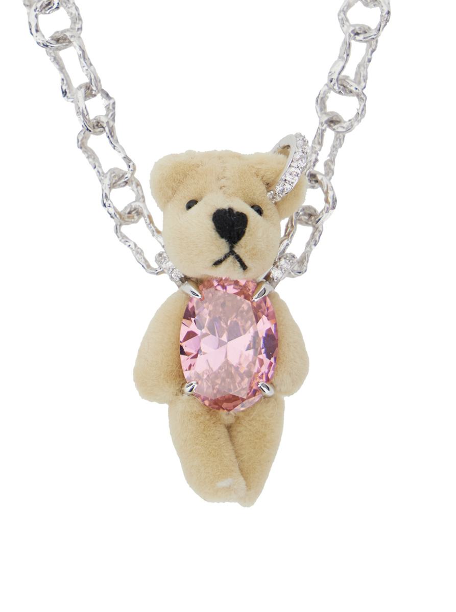 Brown Chain-Link Necklace With Bear Pendant And Crystal Embellishment In Sterling Silver Woman