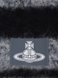 Grey Scarf With Orb Patch On The Front And All-Over Striped Motif In Wool Unisex