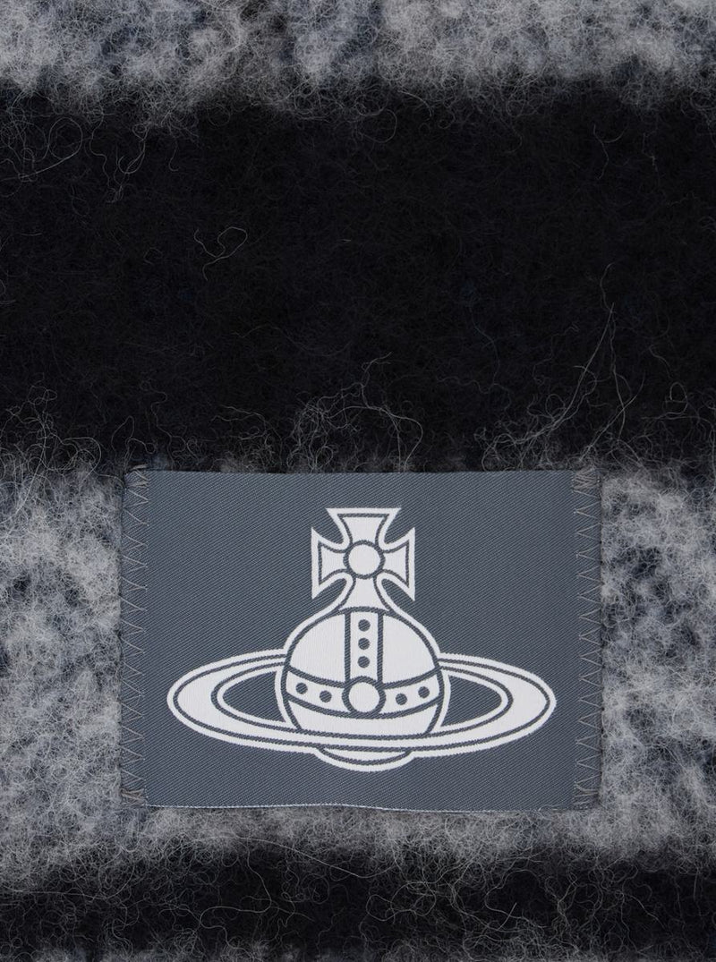 Grey Scarf With Orb Patch On The Front And All-Over Striped Motif In Wool Unisex