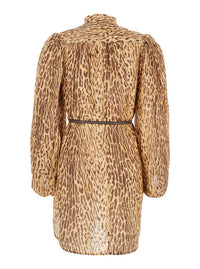 'Cascadian' Beige Tunic Dress With Stand-Up Collar And All-Over Leopard Print In Linen Woman