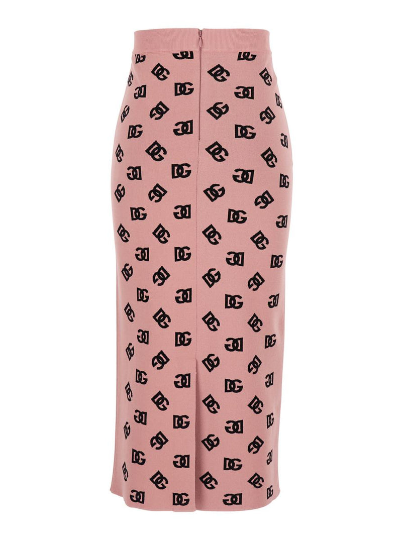 Pink Skirt With Pencil Design And All-Over Printed Dg Logo In Viscose Blend Woman