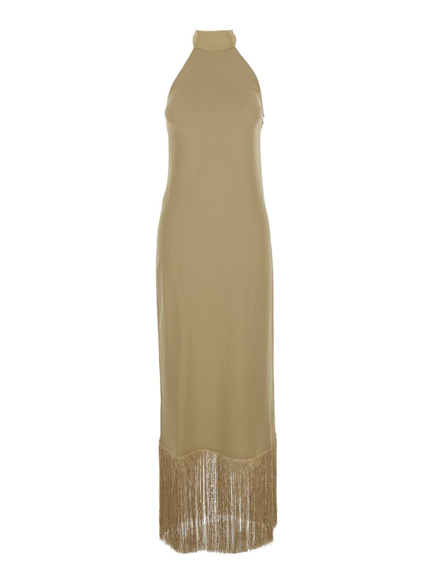 'Berlin' Beige Long Dress With High Neck And Fringes Applied On The Edges In Cady Crepe Woman