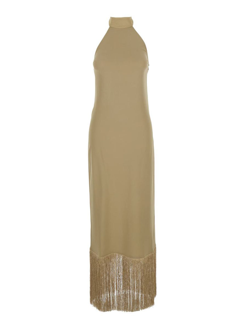 'Berlin' Beige Long Dress With High Neck And Fringes Applied On The Edges In Cady Crepe Woman