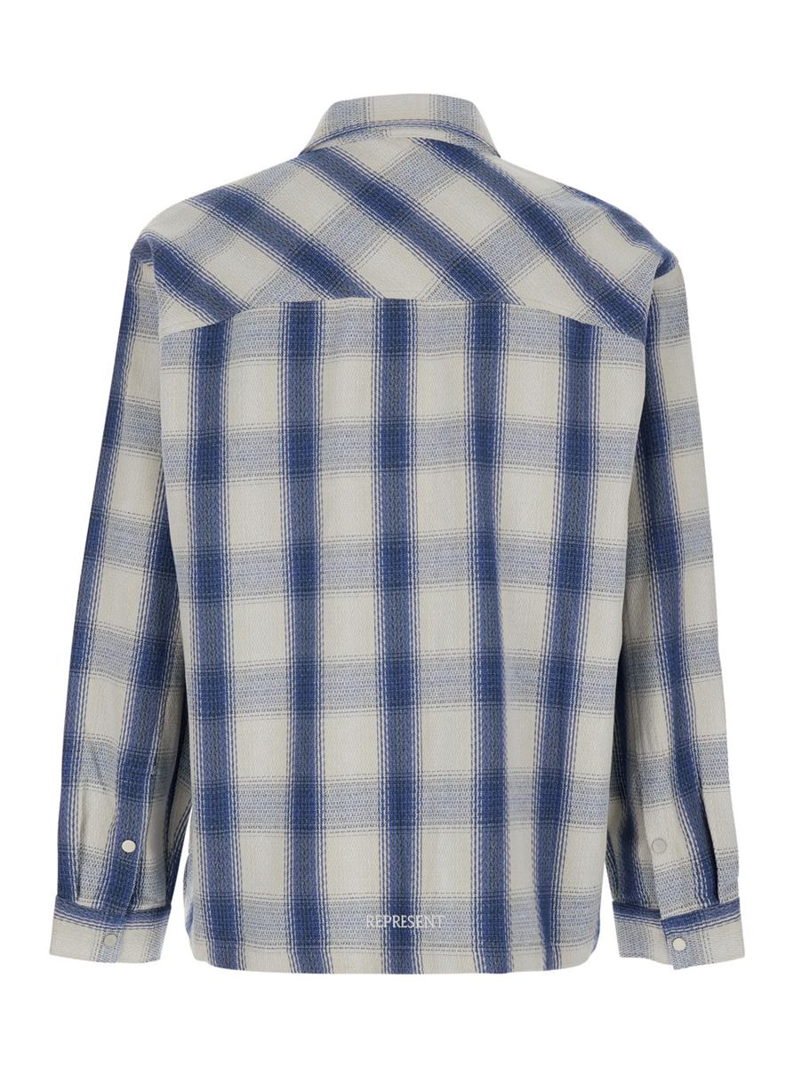 Blue Shirt With Classic Collar And All-Over Check Motif In Cotton Blend Man