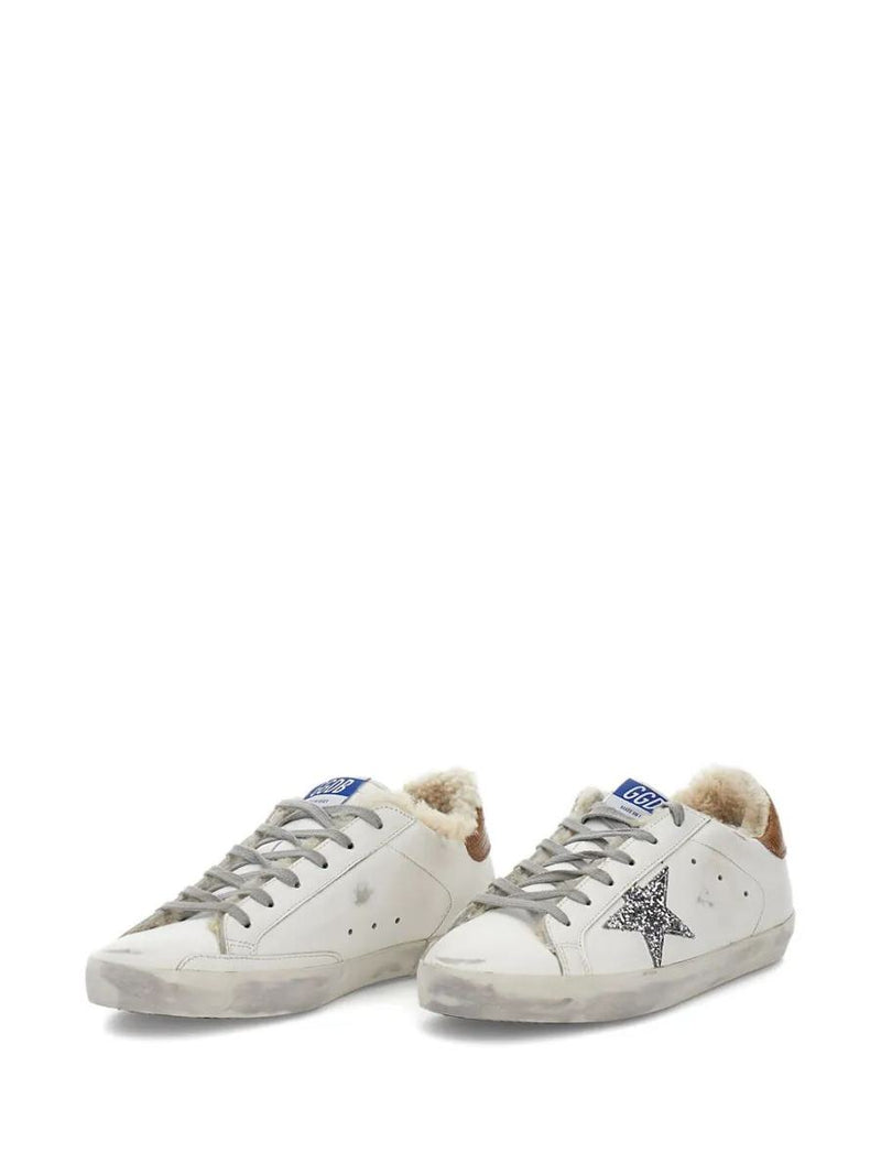 Golden Goose "Super Star" Leather Upper Glitter Star Tejus Print Leather Heel Shearling Lining Metal Lettering Shoes