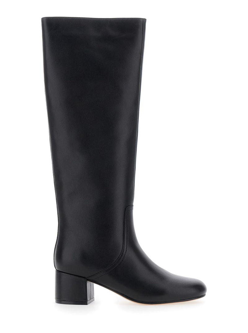 Black Knee High Boots With Round Toe In Leather Woman