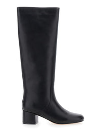 Black Knee High Boots With Round Toe In Leather Woman