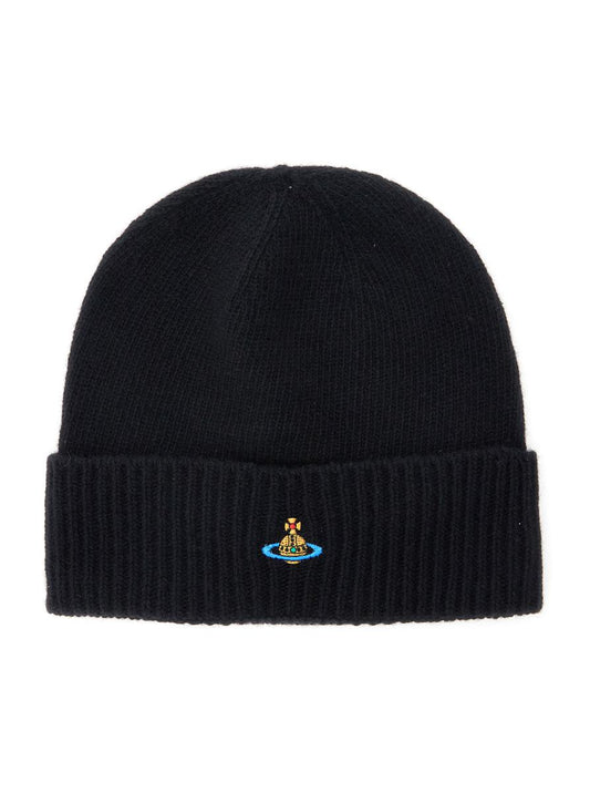 Black Beanie With Orb Patch On The Front And Ribbed Brim In Cashmere Unisex