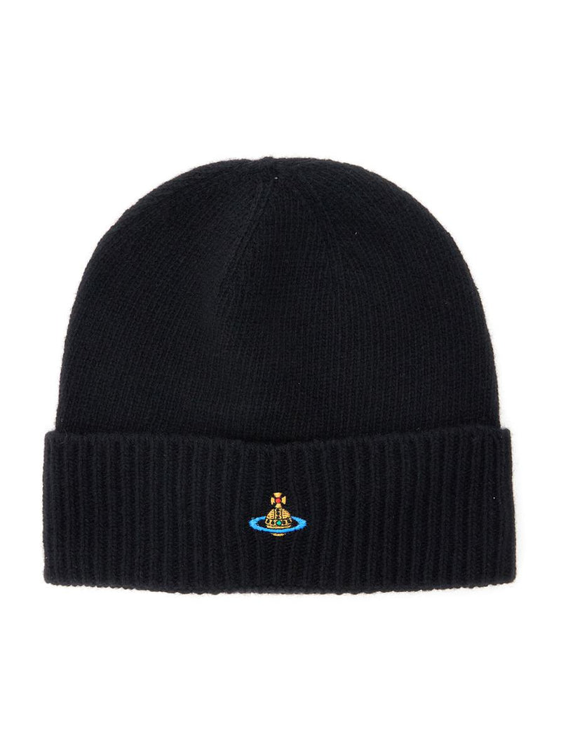 Black Beanie With Orb Patch On The Front And Ribbed Brim In Cashmere Unisex