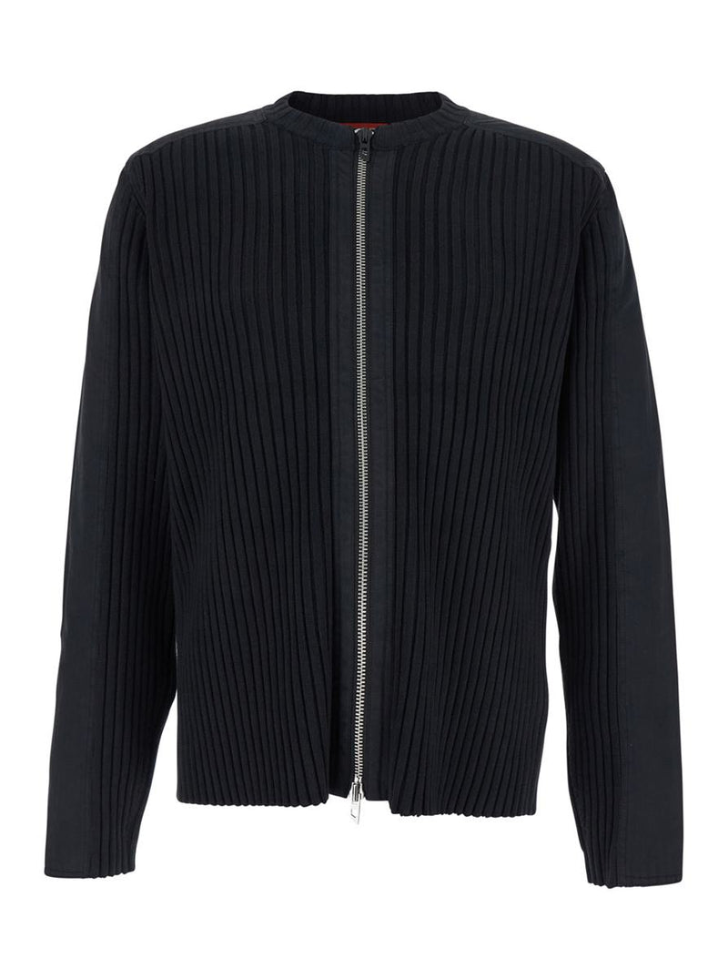 'K-Matty' Black Crewneck Ribbed Knit Sweatshirt With Front Zip Closure In Cotton Man