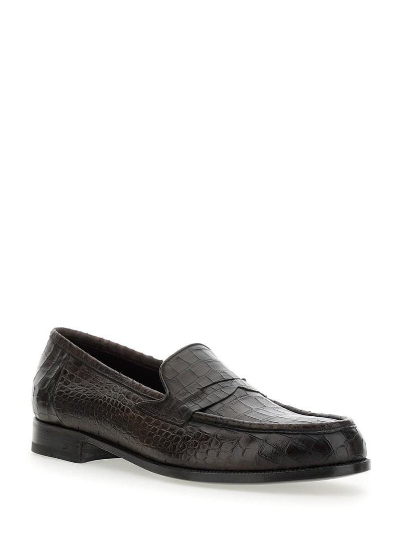 'Luisiana' Brown Loafers With Embossed Crocodile Effect In Leather Man