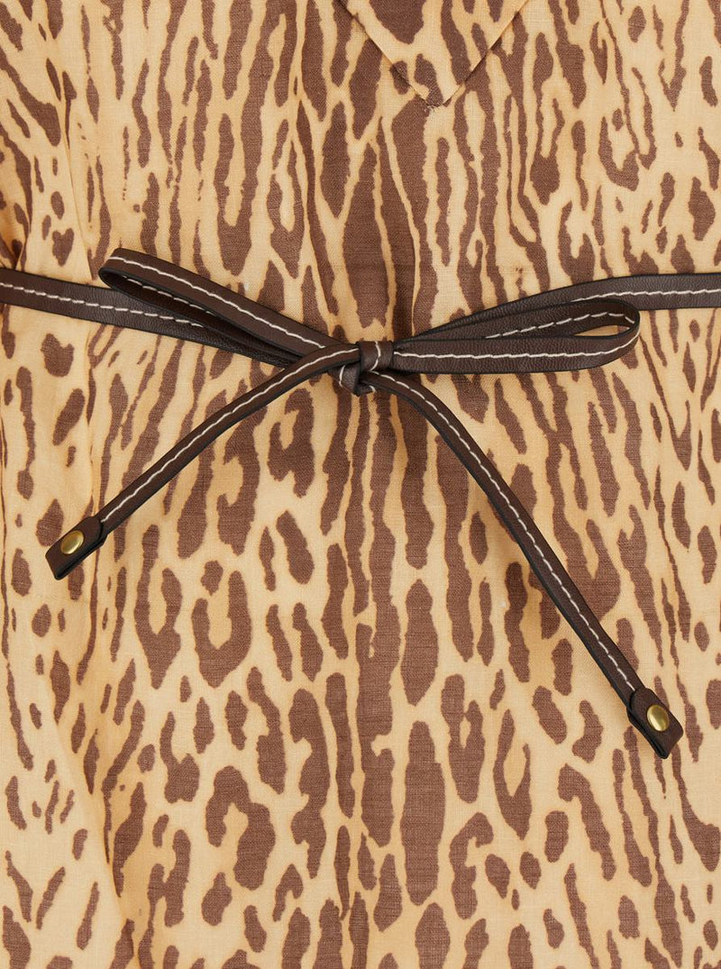 'Cascadian' Beige Tunic Dress With Stand-Up Collar And All-Over Leopard Print In Linen Woman