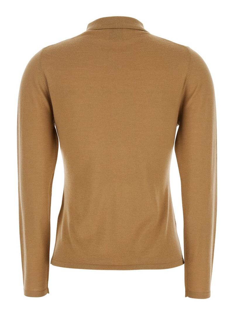 Beige Polo Style Sweater With Classic Collar In Wool Woman