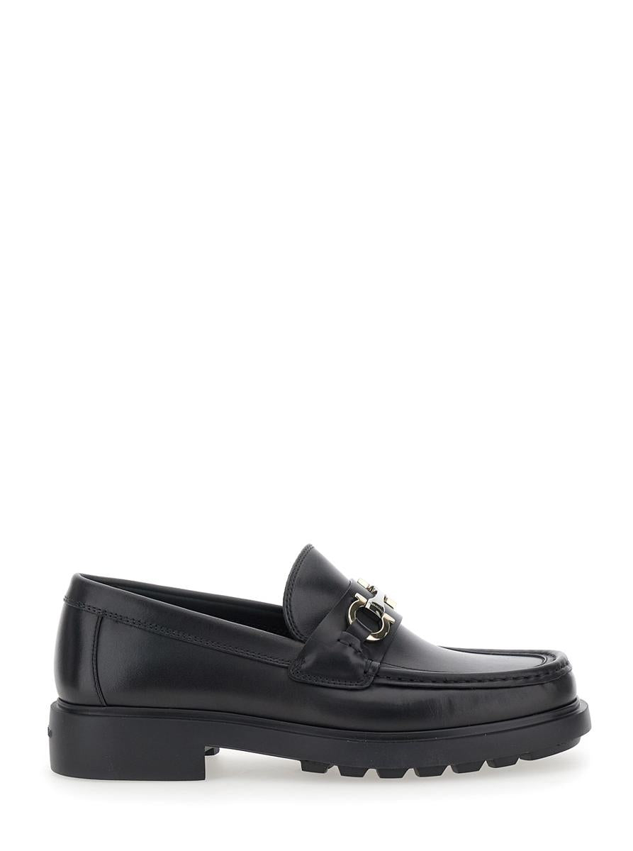 'Duglas' Black Loafers With Gancini Plaque On The Front And Embossed Logo On The Rear In Leather Man
