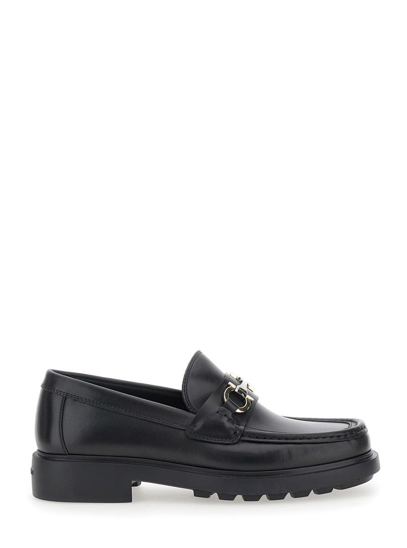 'Duglas' Black Loafers With Gancini Plaque On The Front And Embossed Logo On The Rear In Leather Man