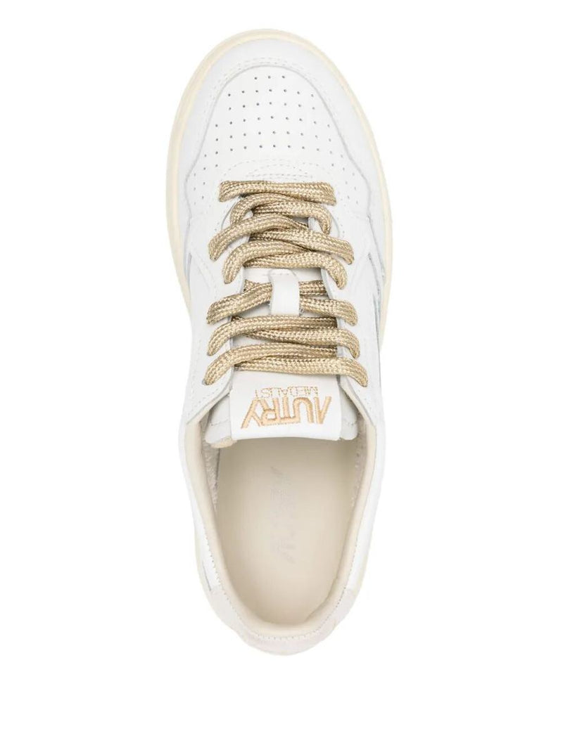 Autry Medalist Low Sneakers In White Leather With Gold-Tone Lurex Details Shoes