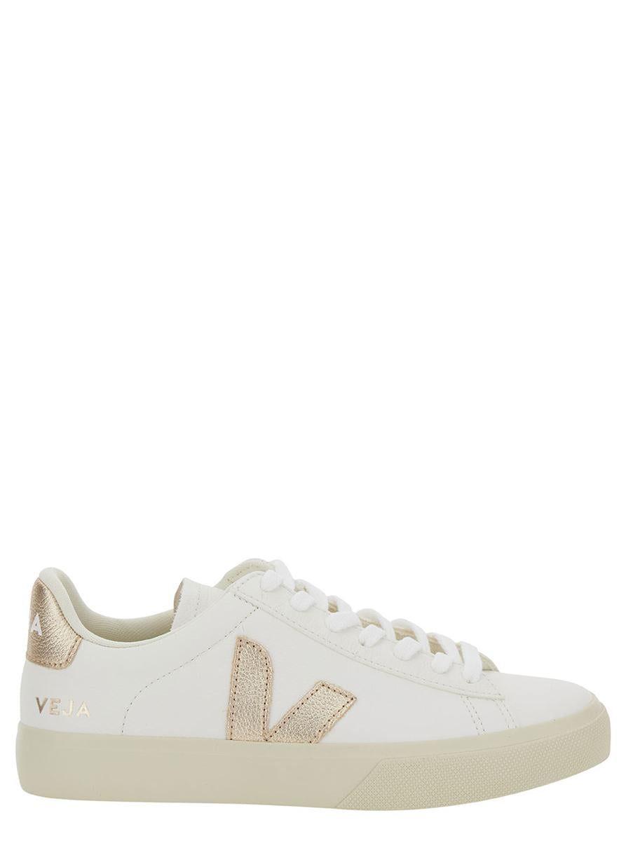'Campo' White Low Top Sneakers With Metallic Logo In Leather Unisex