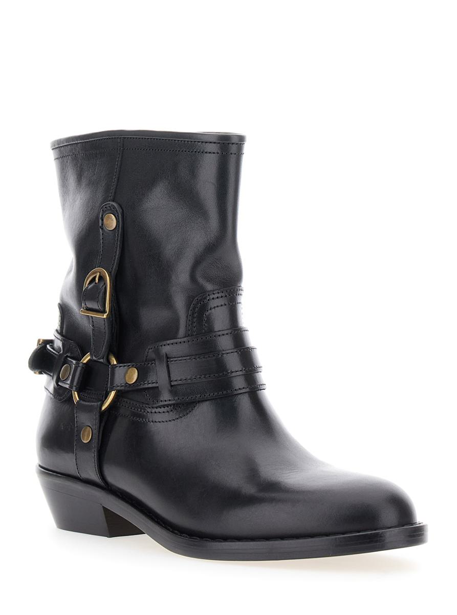 'Ildred' Black Ankle Boots With Medium Block Heel And Decorative Buckle In Leather Woman