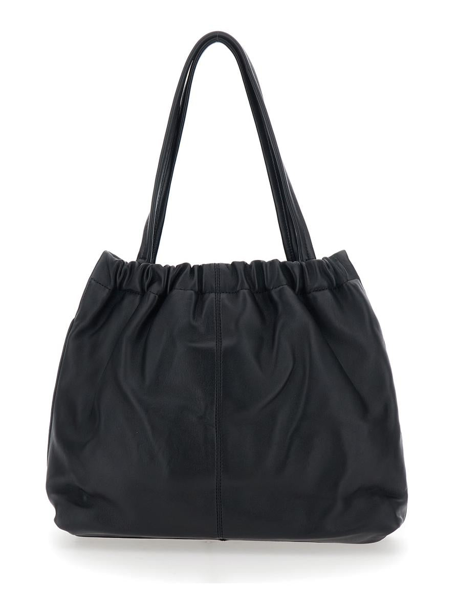 'The Tote' Black Shoulder Bag With Chain Detail On The Front And Drawstring Closure In Leather Woman