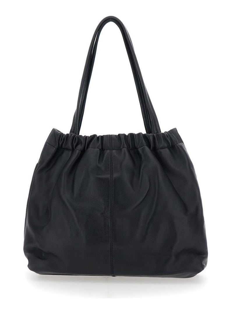 'The Tote' Black Shoulder Bag With Chain Detail On The Front And Drawstring Closure In Leather Woman
