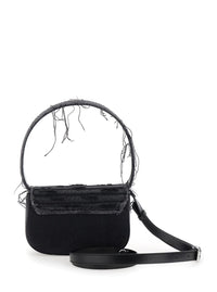 '1Dr' Black Shoulder Bag With Oval D Plaque With Rhinestones And Fringed Edges In Cotton And Leather Blend Woman