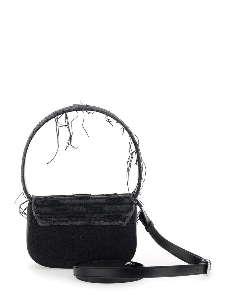 '1Dr' Black Shoulder Bag With Oval D Plaque With Rhinestones And Fringed Edges In Cotton And Leather Blend Woman