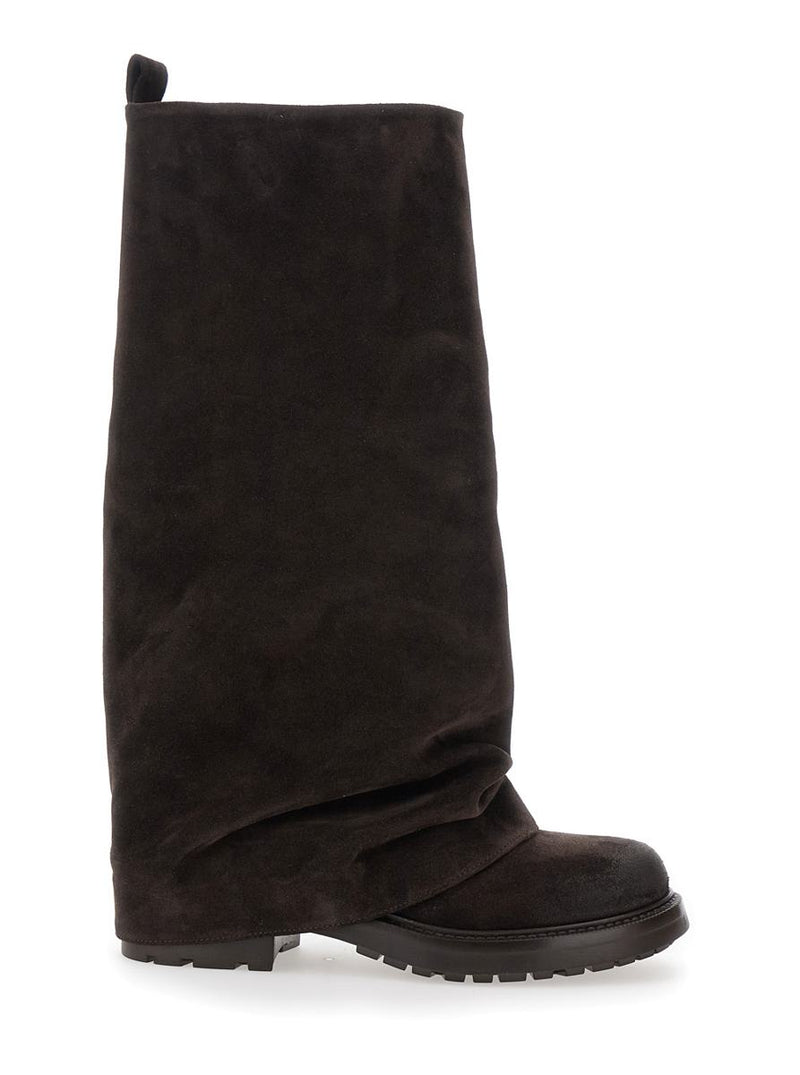 Brown Multilayer Combat Boots With One Block Sole In Suede Woman