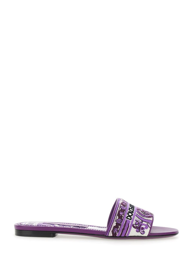 Violet Sandals With Logo Embroidery On The Front And All-Over Majolica Motif In Cotton Blend Woman