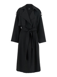 Black Double-Breasted Trench Coat With Matching Belt In Cady Woman