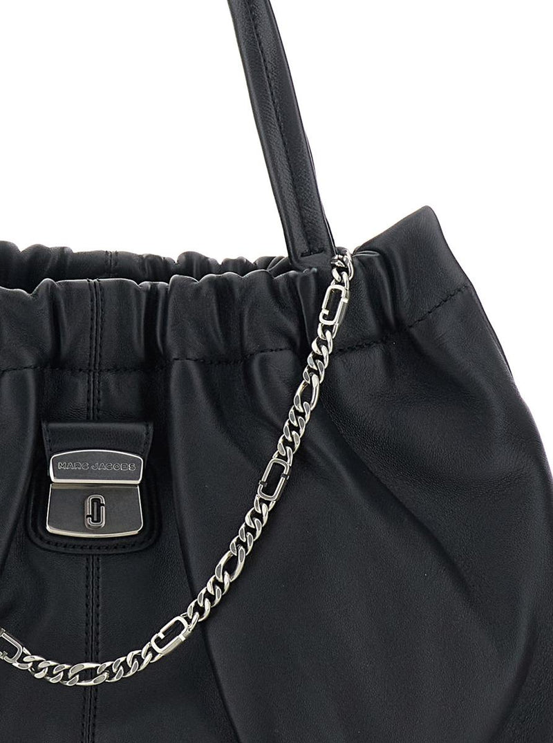 'The Tote' Black Shoulder Bag With Chain Detail On The Front And Drawstring Closure In Leather Woman