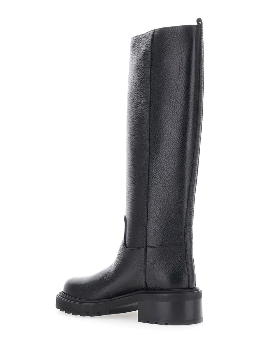 Black Knee-High Slip-On Boots In Grained Leather Woman