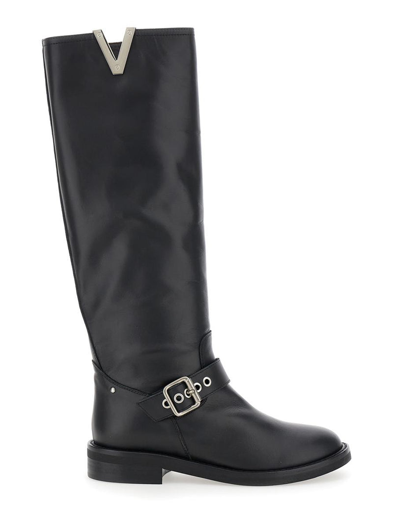 Black Knee Boots With V-Lateral Detailing In Leather Woman