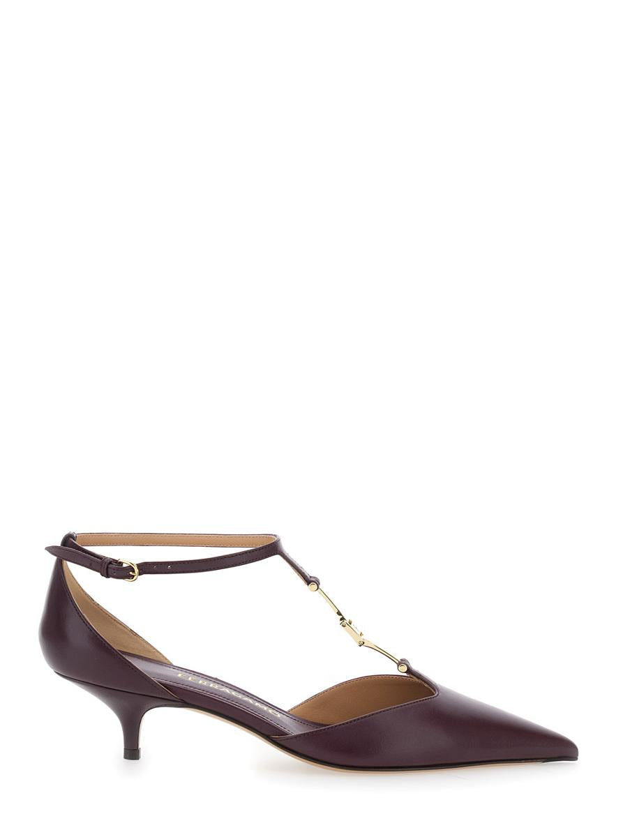 Bordeaux Pumps With T Strap And Low Heel In Leather Woman