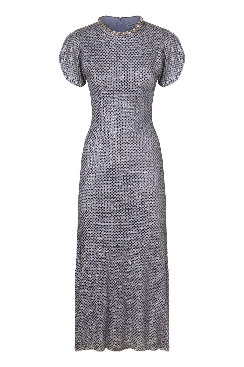 Self-Portrait Midi Dress In Mesh With Rhinestones
