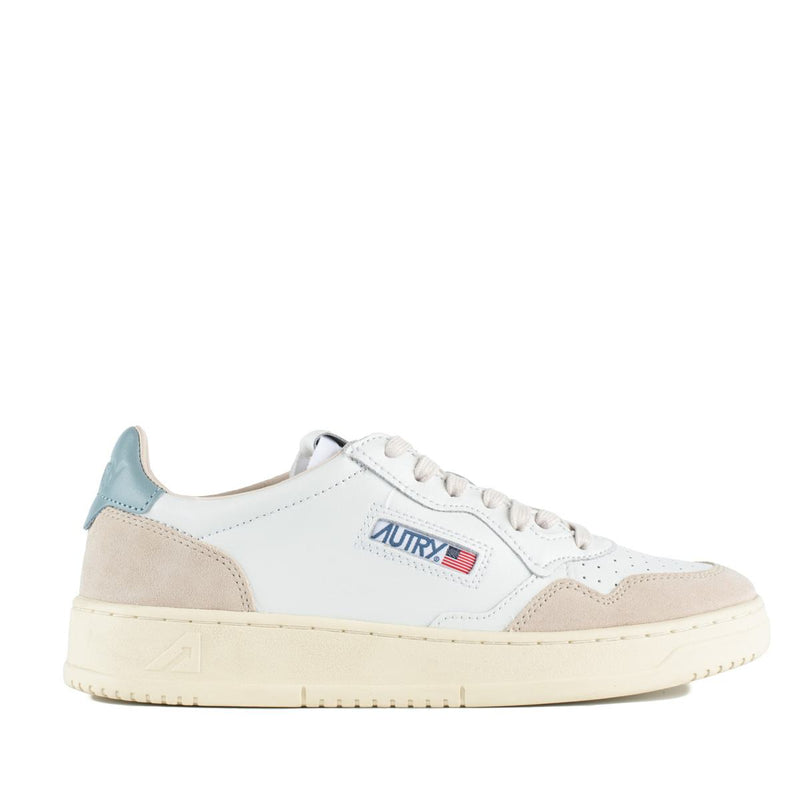 Autry Medalist Low White And Silver Blue Leather And Suede Sneakers