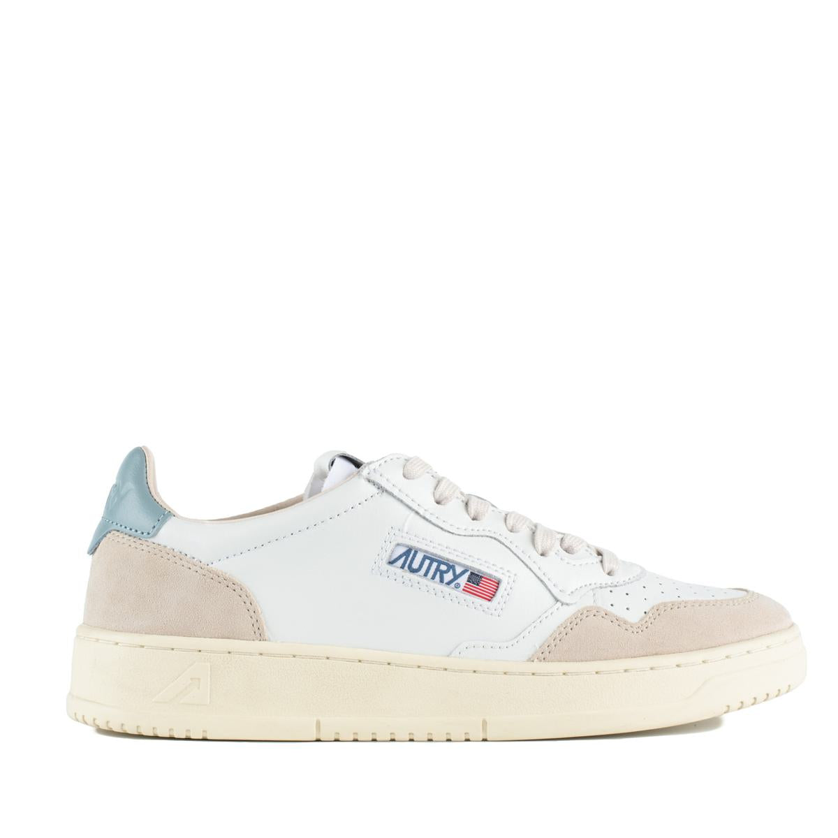 Autry Medalist Low White And Silver Blue Leather And Suede Sneakers