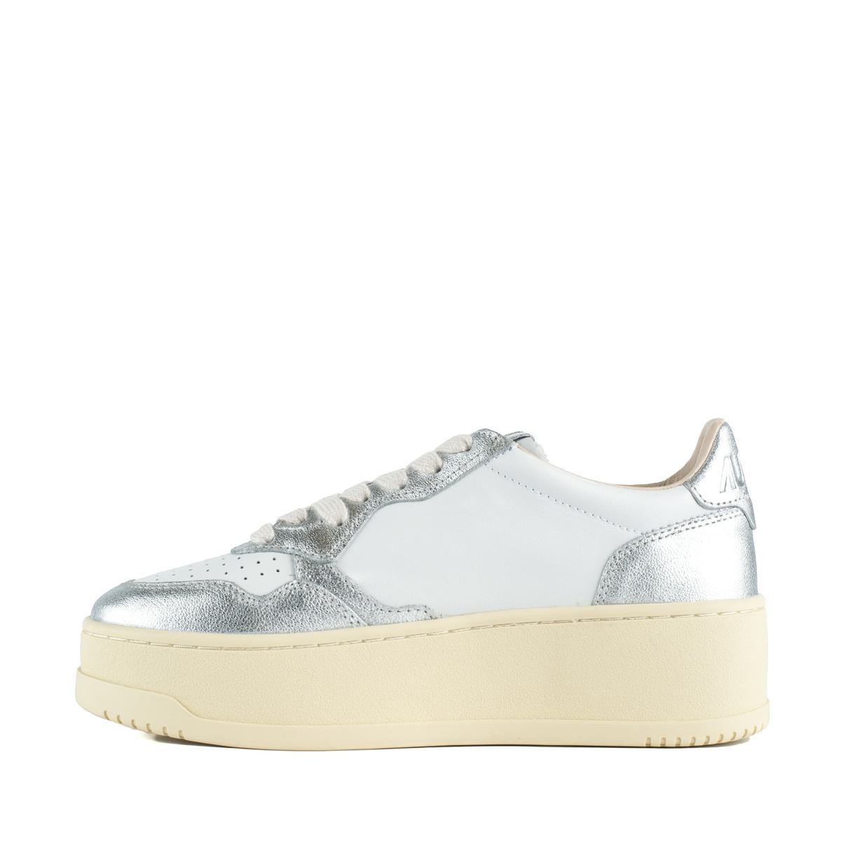 Autry Silver Metallic And White Leather Medalist Platform Sneakers