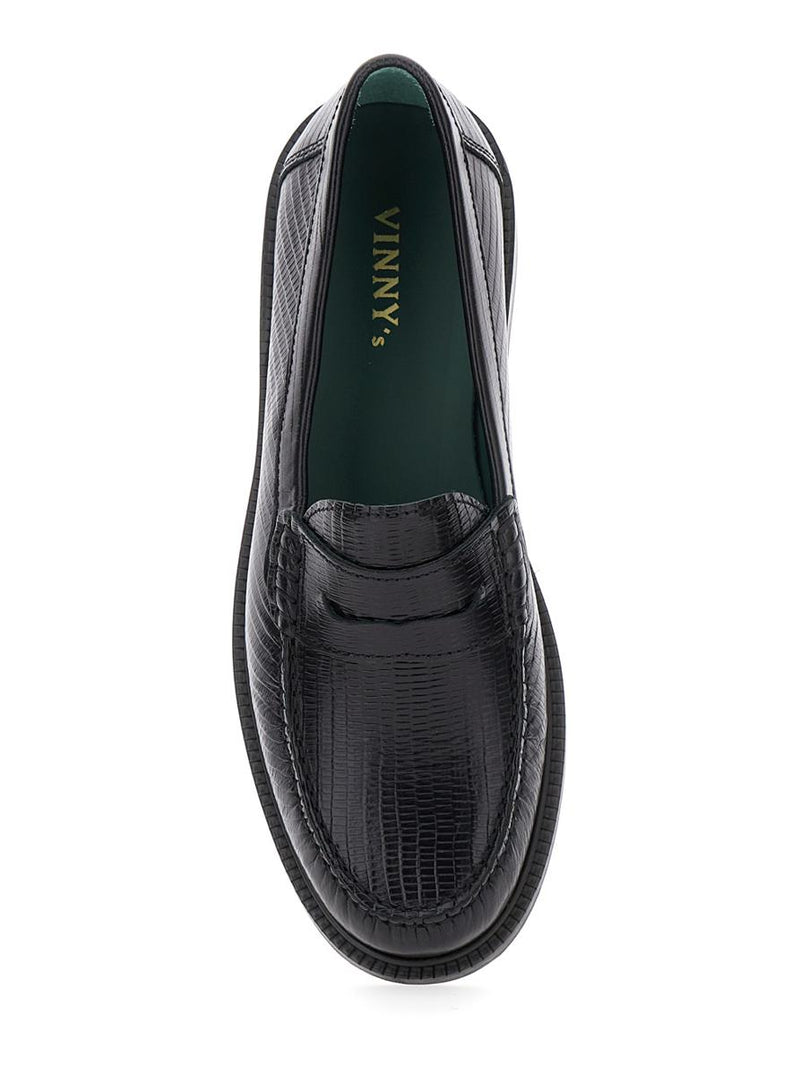 Black Loafers With Embossed Lizard Effect And Almond Toe In Leather Man